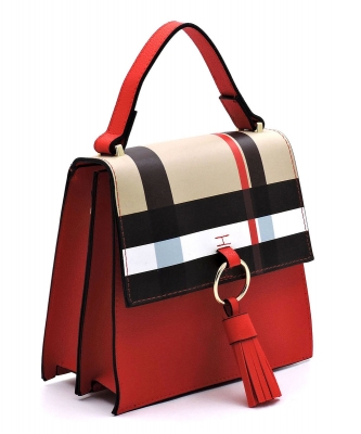 Tartan Plaid Check Ring Tassel Flap Crossbody Satchel BT704  RED